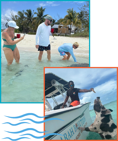 family touching stingray and feeding pigs